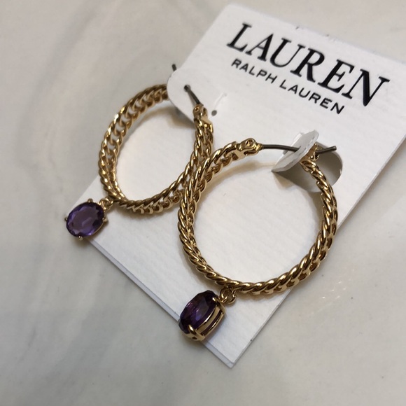 Lauren Ralph Lauren Gold Tone Chain Link Hoop Earrings Purple Crystal Charm NWT - Picture 5 of 12